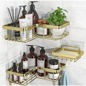 Gold Corner Shower Caddy Shelf Set Adhesive Rustproof Wall-Mounted 3-Tier Organi